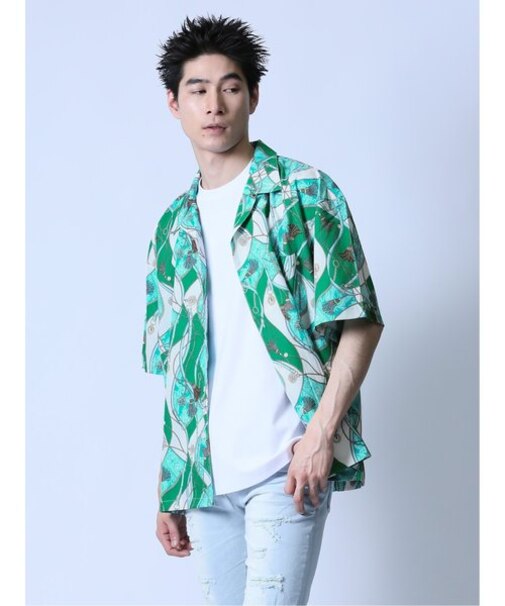 スカーフ柄 オープンカラー半袖シャツ