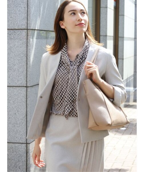 m.f.エディトリアル ストレッチブッチャー セットアップVカラー7分袖ジャケット ベージュ