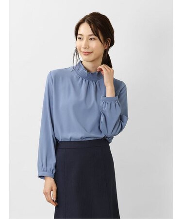 シャーリングハイネック 長袖プルオーバーブラウス