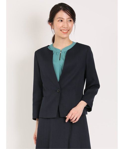 麻調合繊 キーネック7分袖ジャケット 紺(セットアップ可能)｜エムエフ