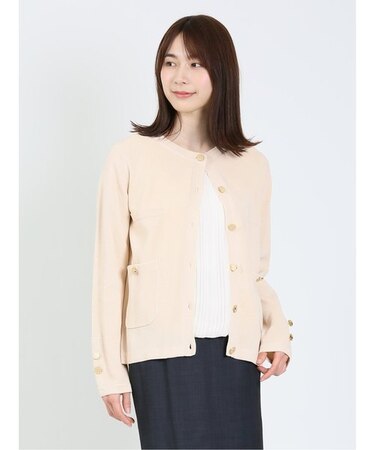 バイカラー ノーカラーニットジャケット