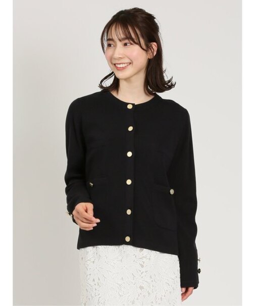 バイカラー ノーカラーニットジャケット