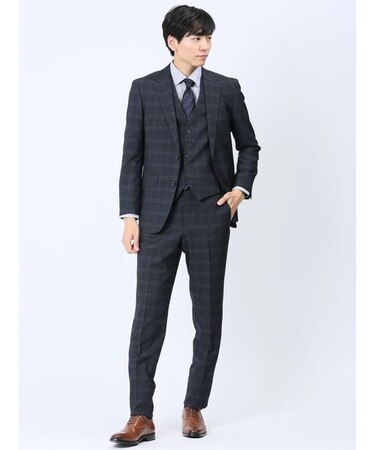 ストレッチウォッシャブル レギュラーフィット 2ボタン3ピーススーツ チェック紺