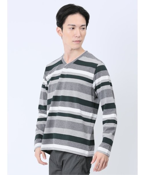 ランダムボーダー フェイクVネック長袖Tシャツ