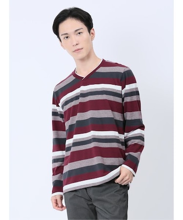 ランダムボーダー フェイクVネック長袖Tシャツ