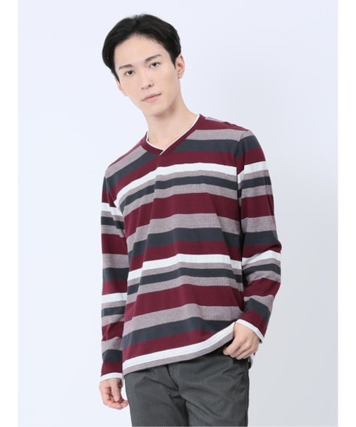 ランダムボーダー フェイクVネック長袖Tシャツ