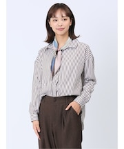 【WEB限定】形態安定 ストライプ柄 スキッパープルオーバー長袖ブラウス