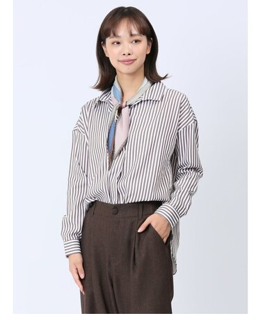 【WEB限定】形態安定 ストライプ柄 スキッパープルオーバー長袖ブラウス