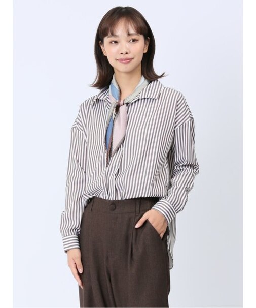 【WEB限定】形態安定 ストライプ柄 スキッパープルオーバー長袖ブラウス