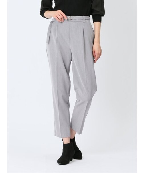 レーヨン混ストレッチ ベルト付きテーパードパンツ