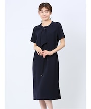 ストレッチウォッシャブル 半袖サックワンピース 紺(セットアップ可能)
