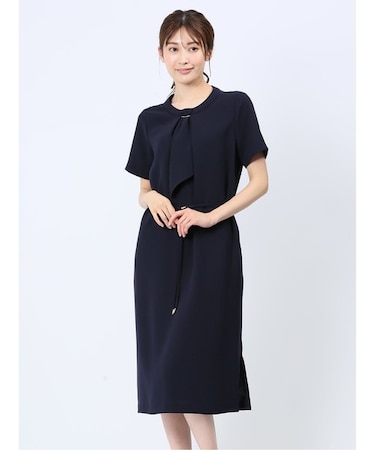 ストレッチウォッシャブル 半袖サックワンピース 紺(セットアップ可能)