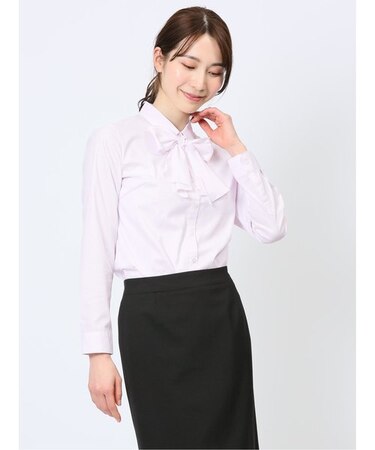 透け防止 形態安定 リボン脱着 長袖シャツ