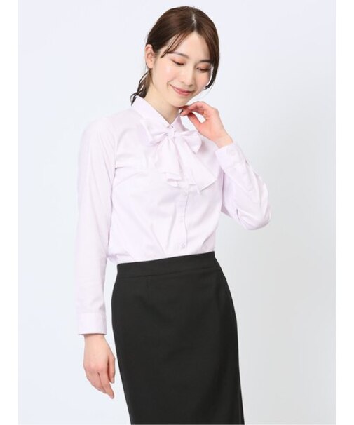 透け防止 形態安定 リボン脱着 長袖シャツ