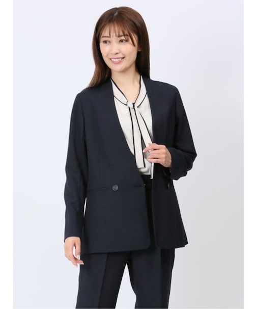 ウォッシャブル 麻調カラーレスダブルジャケット 紺(セットアップ可能)