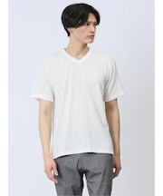 タックストライプ フェイクVネック半袖Tシャツ