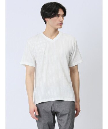 タックストライプ フェイクVネック半袖Tシャツ