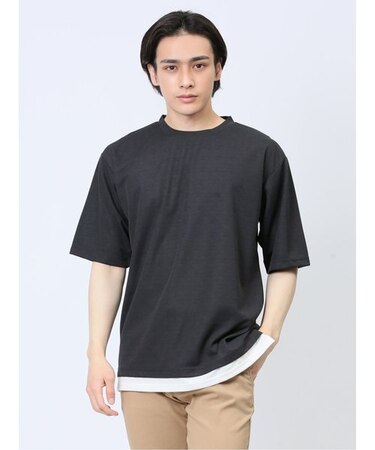 梨地 レイヤード風 クルーネック半袖Tシャツ