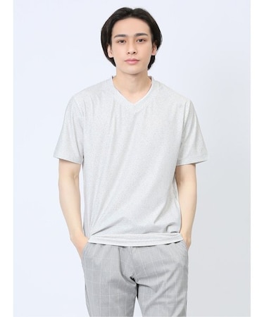 メッシュ 転写プリントフェイクVネック半袖Tシャツ
