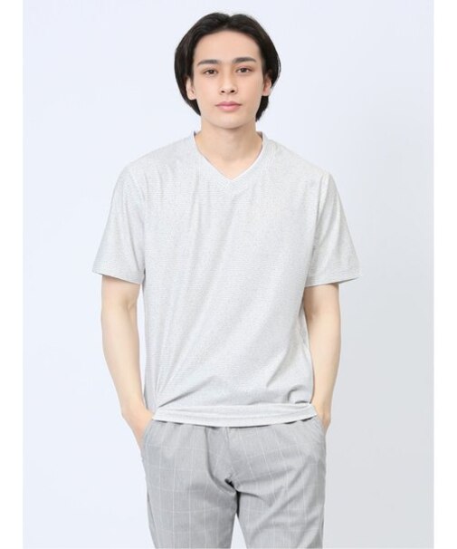 メッシュ 転写プリントフェイクVネック半袖Tシャツ