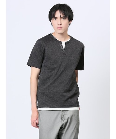 メランジジャージー フェイクキーネック半袖Tシャツ