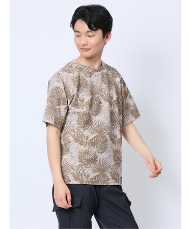 エンボスワッフル リーフ柄クルーネック半袖Tシャツ