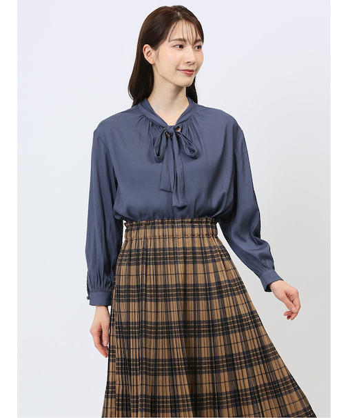 ビンテージサテン リボンタイ 長袖プルオーバーブラウス