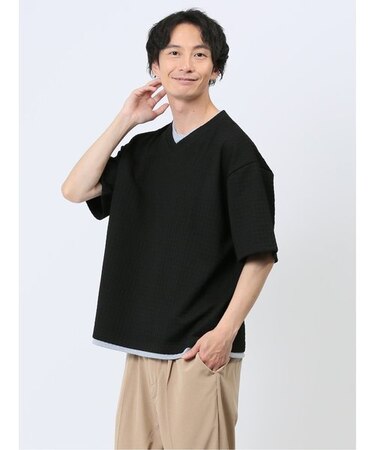 千鳥ジャガード フェイクVネック半袖Tシャツ