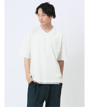 千鳥ジャガード フェイクVネック半袖Tシャツ