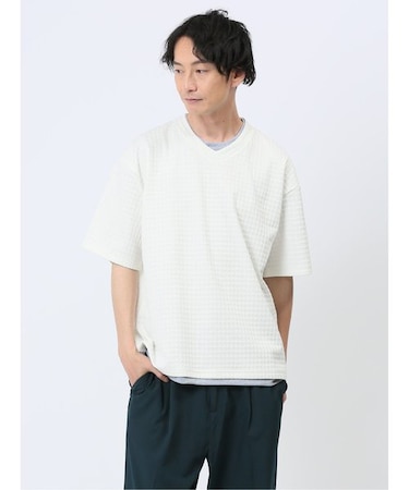 千鳥ジャガード フェイクVネック半袖Tシャツ