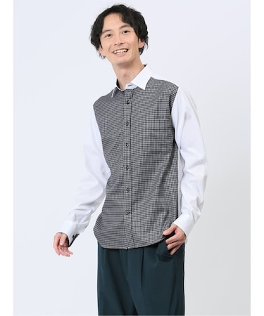 綿オックス×異素材切替 ショートワイドカラー長袖シャツ