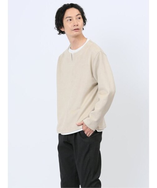 カットスエード フェイクキーネック長袖Tシャツ