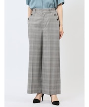 ストレッチウォッシャブル ボタン付き グレンチェック柄ワイドパンツ(セットアップ可能)