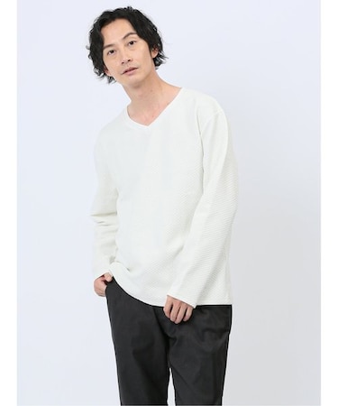 ジオメトリックジャガード フェイクVネック長袖Tシャツ