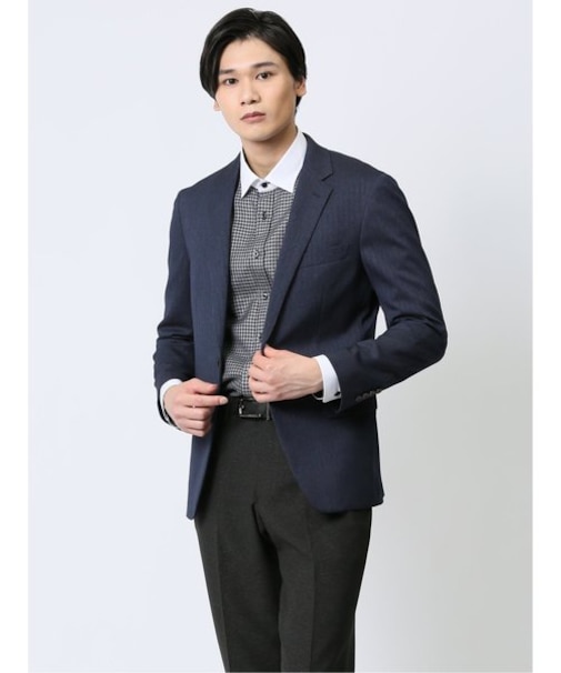 ストレッチウォッシャブル スリムフィット 2ボタンジャケット ヘリンボン青(セットアップ可能)