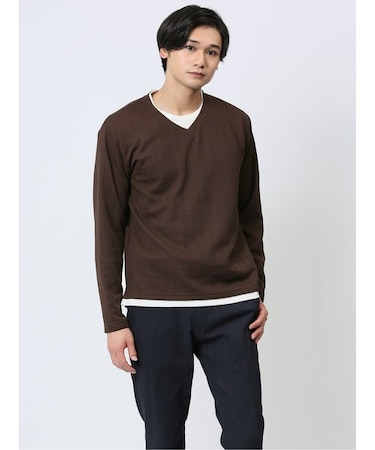 ヘリンボンジャガード フェイクVネック長袖Tシャツ