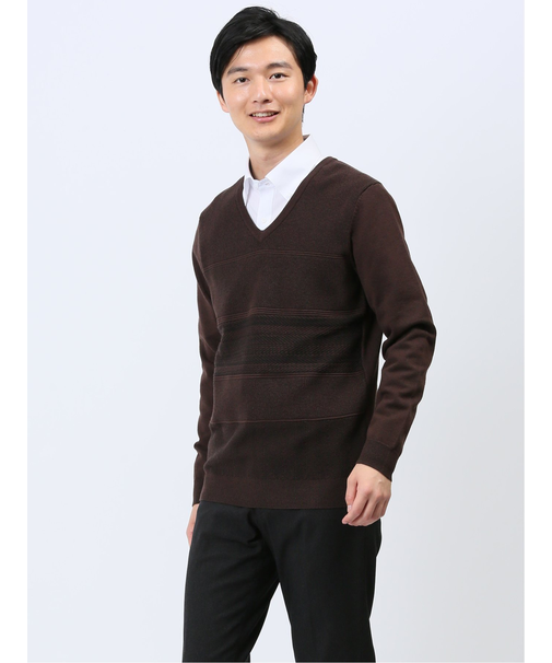 ふわもち パネルボーダー Vネックニット