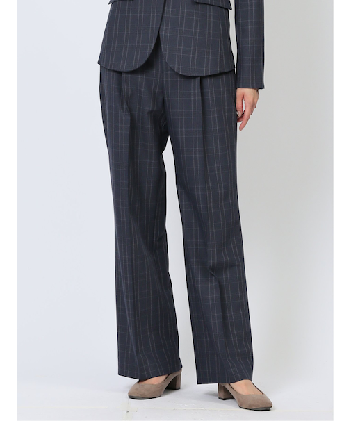 DELEGANT チェック柄 ワイドパンツ 紺(セットアップ可能)