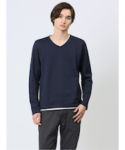 ヘリンボンジャガード フェイクVネック長袖Tシャツ