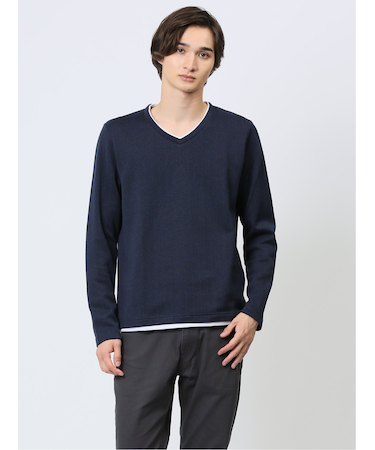 ヘリンボンジャガード フェイクVネック長袖Tシャツ