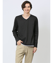 マイクロヘリンボンジャガード Vネック長袖Tシャツ