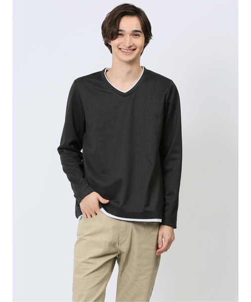 マイクロヘリンボンジャガード Vネック長袖Tシャツ