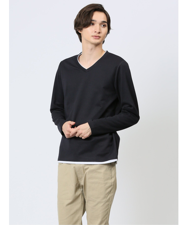 マイクロヘリンボンジャガード Vネック長袖Tシャツ