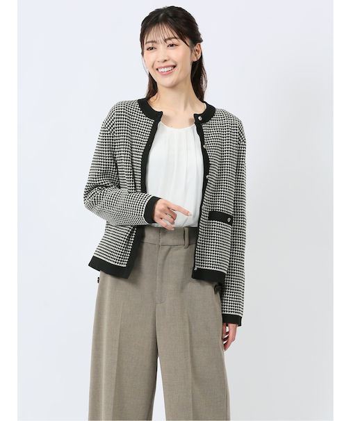 配色 ノーカラーニットジャケット