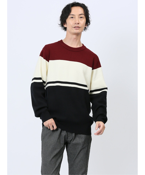 ふわもち 三段配色 クルーニット