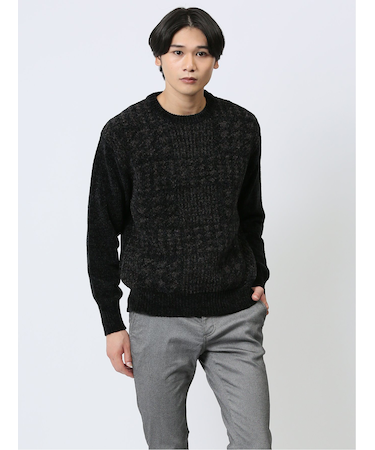 モールチェック柄 クルーネックニット