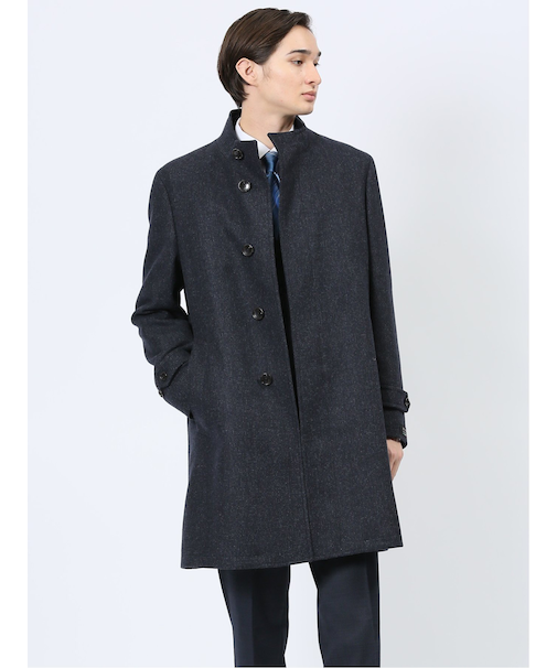 ウール混 スタンドコート 組織紺