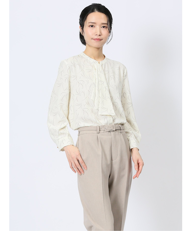 ラッフルフリル バンドカラー 8分袖プルオーバーブラウス