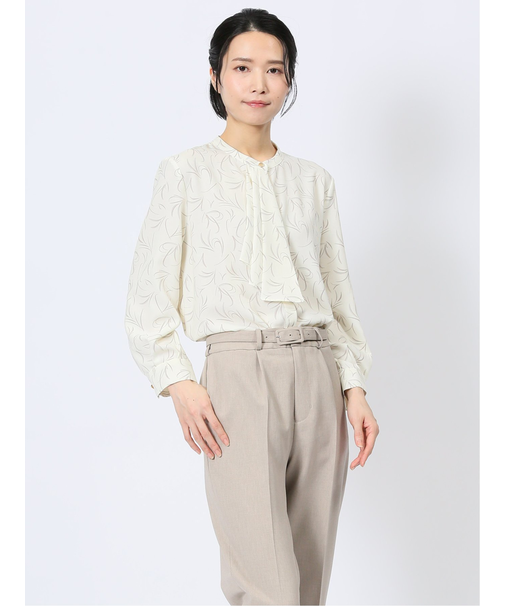 ラッフルフリル バンドカラー 8分袖プルオーバーブラウス