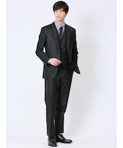 光沢ウール混 スリムフィット 2ボタン3ピーススーツ 千鳥黒